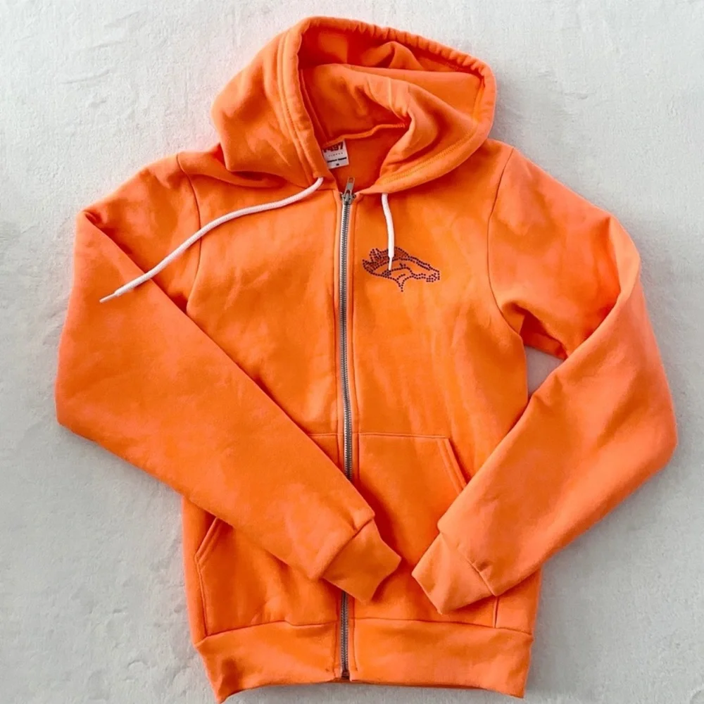 Denver Broncos Orange Rhinestoned Handmade  Zip Up Hoodie Sweatshirt NWOT - Picture 5 of 8
